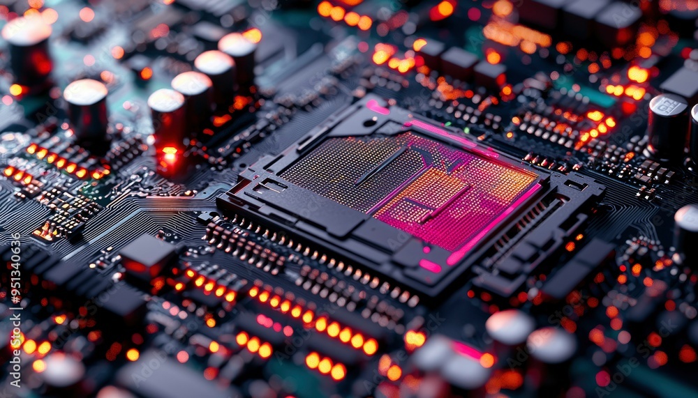 Poster close-up of a computer motherboard with a glowing cpu