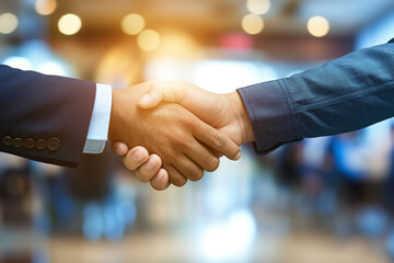 Business handshake in a modern office setting with blurred background.