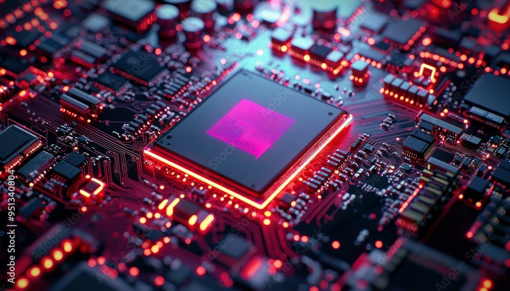 Poster close-up of a glowing microprocessor on a circuit board