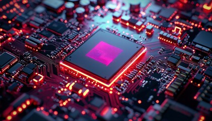 Obraz premium Close-up of a glowing microprocessor on a circuit board