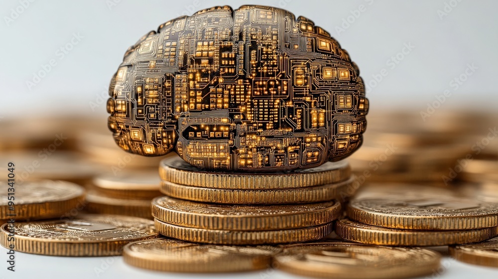 Poster the brain of finance: a captivating image of a golden circuit board brain perched atop a stack of co