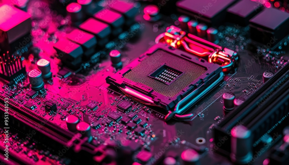 Poster close-up of a computer motherboard with a cpu socket in pink and blue lighting