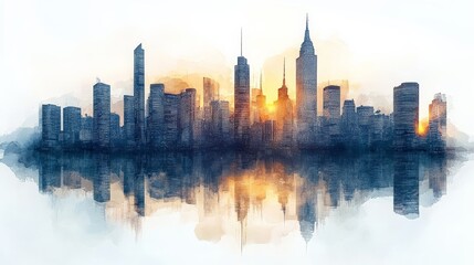 Obraz premium Golden Hour Metropolis: A Watercolor Dreamscape 
