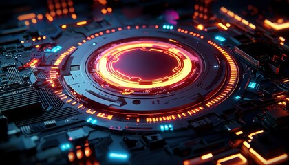 Obraz premium Futuristic Technology Interface with Glowing Red and Yellow Lights