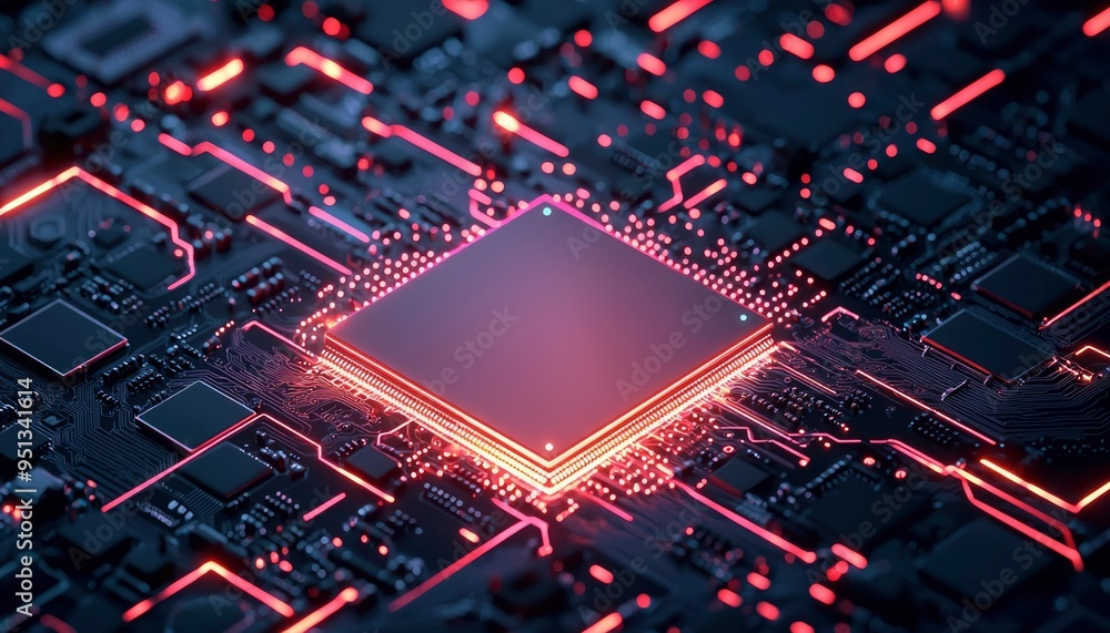 Poster glowing red circuit board with central processor
