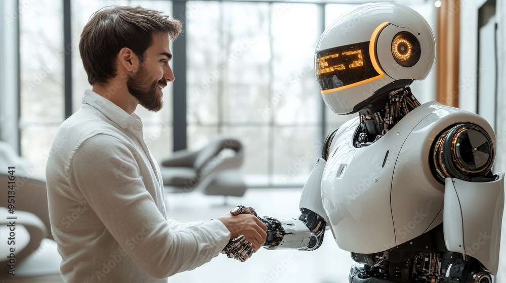 Poster human and robot collaboration: a man shakes hands with a humanoid robot, symbolizing the future of h