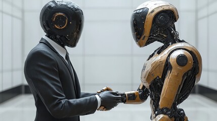 The Future of Business: A handshake between a human in a suit and a sleek, golden robot signifies the dawn of a new era in technological partnership.