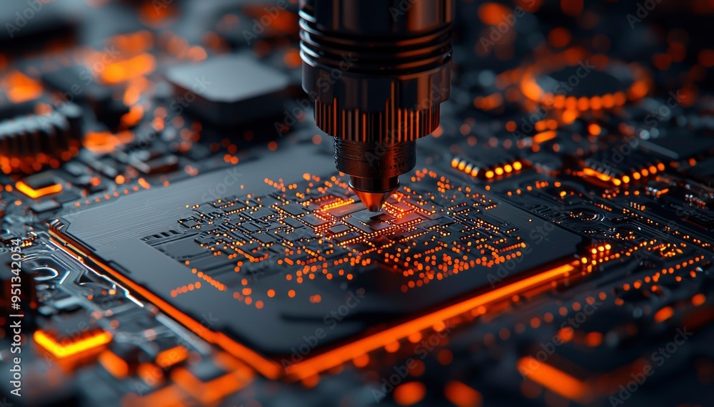 Poster close-up of a machine part over a circuit board