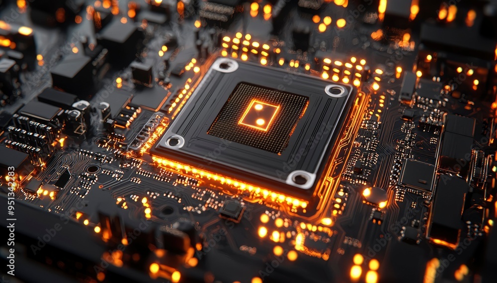 Poster illuminated computer motherboard with a processor in focus
