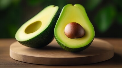 Organic avocado, halved with pit, on wooden board
