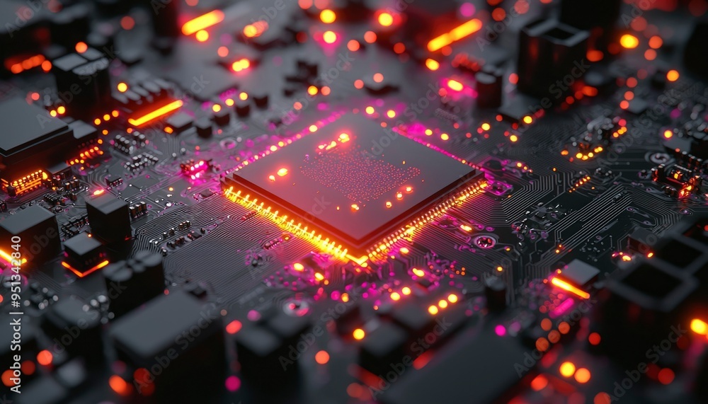 Poster illuminated circuit board with glowing processor chip