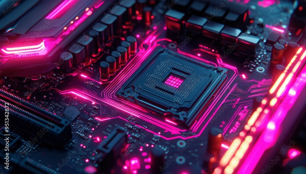 Poster close-up of a glowing pink circuit board with a processor