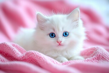 White Kitten with Blue Eyes on a Pink Blanket