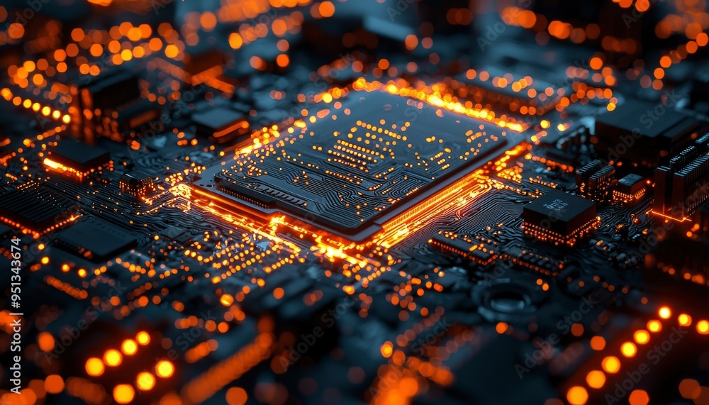Poster illuminated circuit board with glowing processor