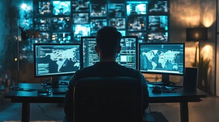 Cybersecurity Analyst in a Sophisticated Command Center