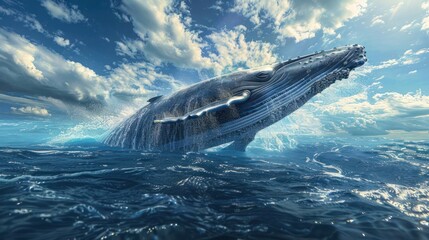 A majestic whale with a long tail is captured in mid-leap,