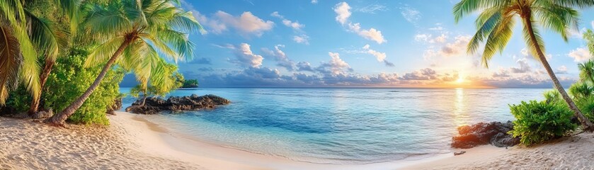Fototapeta premium Tropical beach with sunset on the horizon, warm and inviting scene, tropical beach sunset, exotic paradise