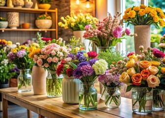 Fototapeta premium Brightly colored bouquets swell vases and jars, radiating warmth amidst the gentle glow of soft lighting in the flower shop's well-lit space.