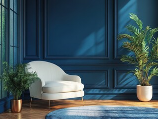 Luxurious blue interior with white armchair
