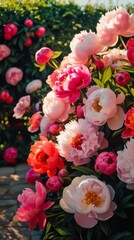 Fototapeta premium of a lush peonies garden, bathed in warm, soft natural light, with an array of vivid and beautiful flowers 
