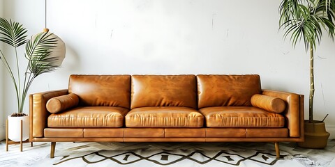 Leather Sofa with an Empty Beige Wall for Mockup
