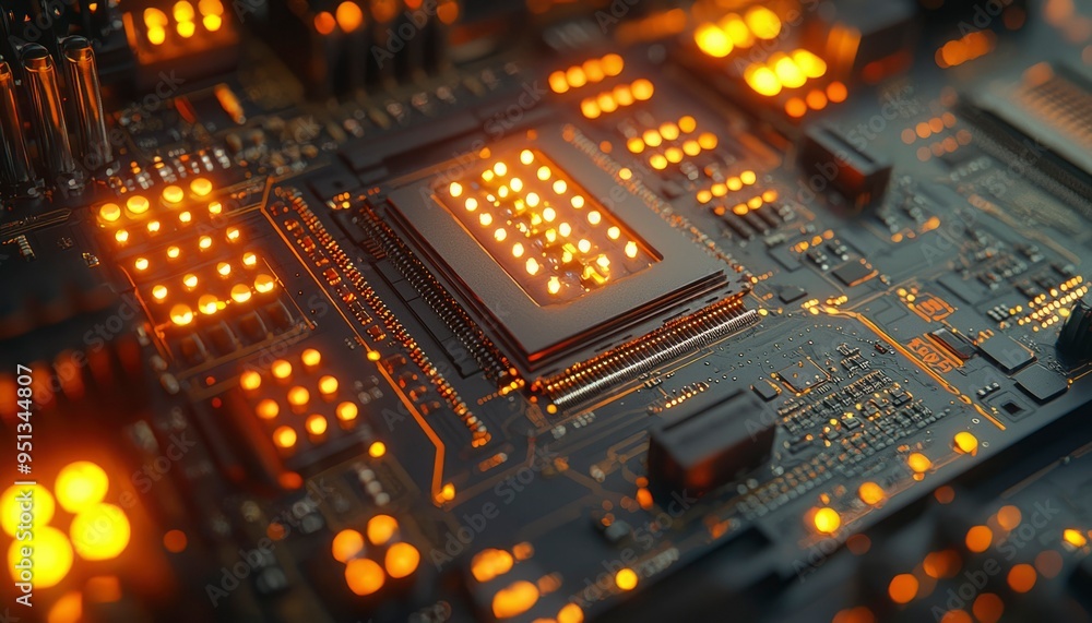 Poster close-up of an illuminated motherboard with a central processor