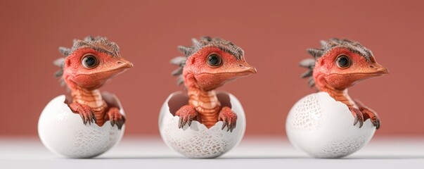 Obraz premium Three adorable dragon hatchlings emerging from eggs, showcasing vibrant colors and magical charm in a whimsical setting.