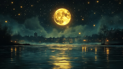 Naklejka premium A serene night landscape featuring a glowing full moon over a calm river, perfect for creating invitations or decor for nighttime events. Design for Wall Art, Poster Print, Wallpaper & Background