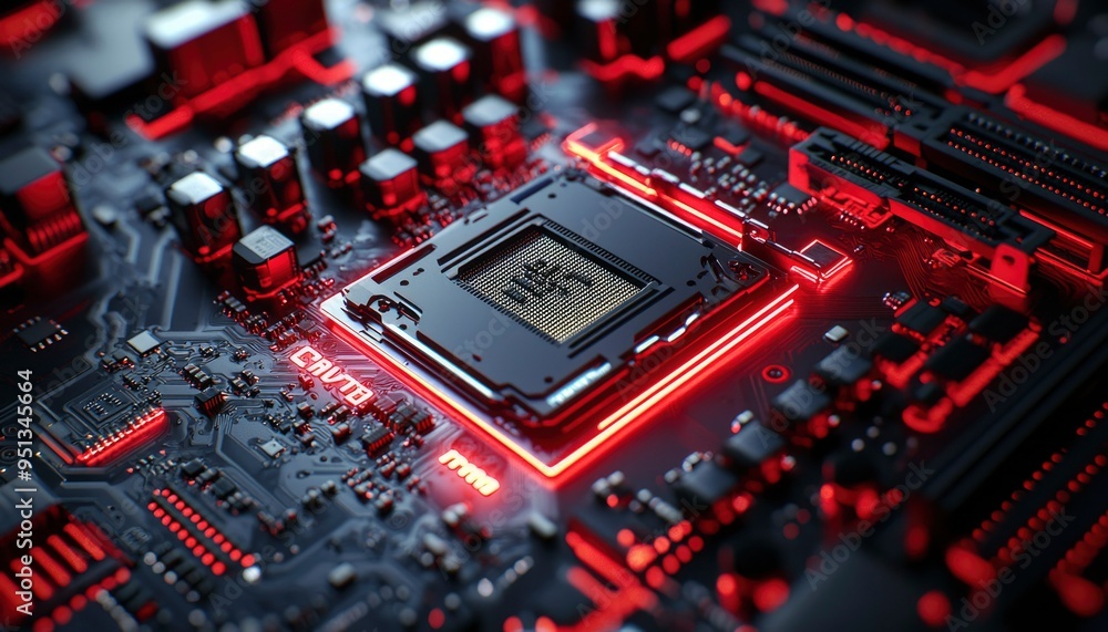 Poster red-lit motherboard with cpu socket