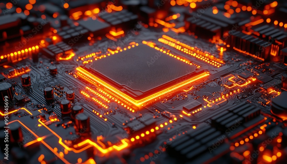 Poster glowing orange circuit board with a processor chip