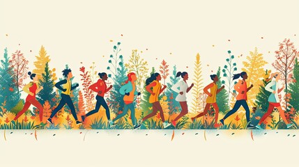 Obraz premium Running people. Cartoon flat style. Cute characters. Sport, jogging, rush, race, ambition, success aspiration, marathon concept. Hand drawn Vector illustration. Square seamless Pattern, background