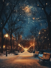 A serene winter night in a park with snow-covered benches and starry skies, perfect for holiday-themed designs and romantic winter events.