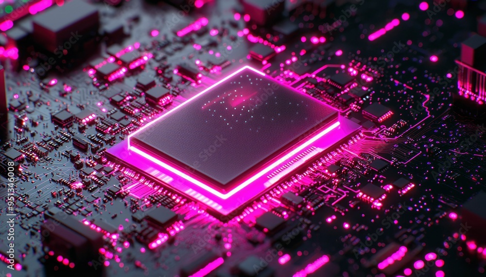 Poster close-up of a glowing pink circuit board with a central processing unit
