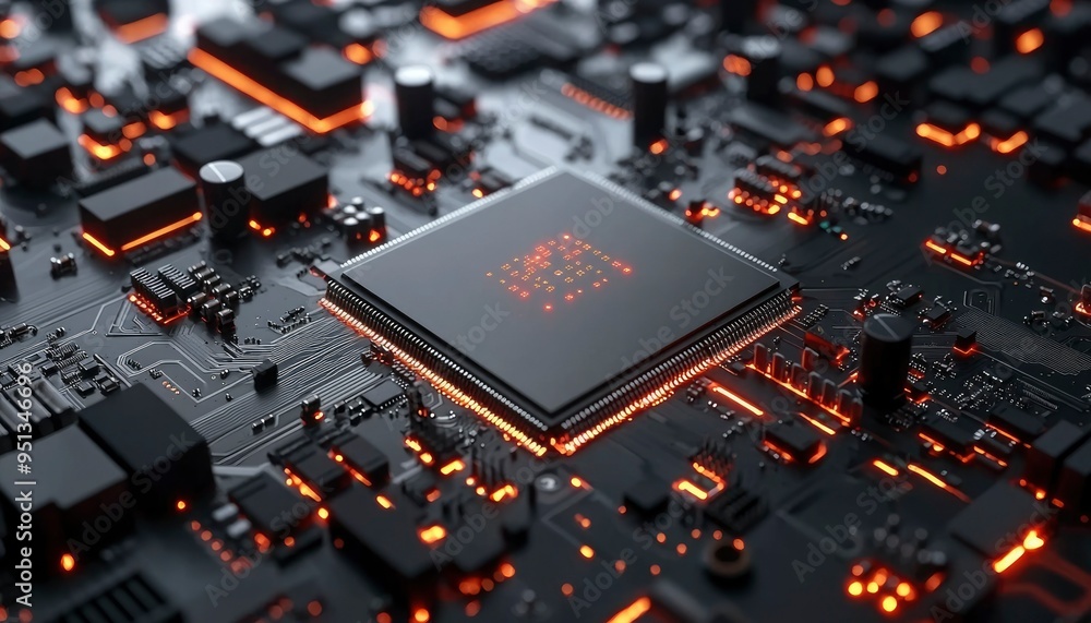 Poster close-up of a black circuit board with glowing orange lines and a processor chip