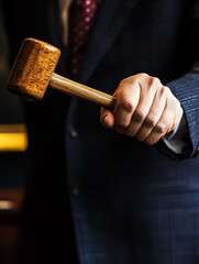 A professional holding a gavel, symbolizing authority and decision-making, suitable for legal contexts, auctions, or corporate events.