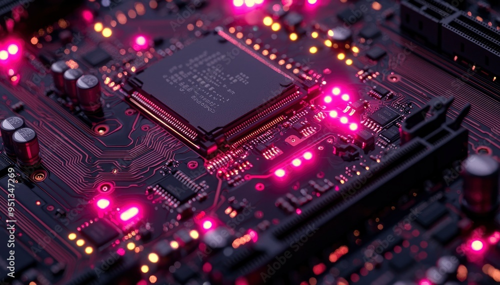 Poster close-up of illuminated circuit board with components