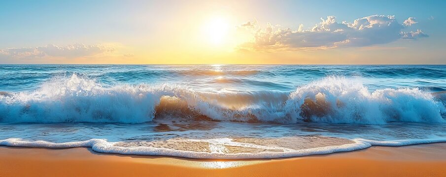 Waves crashing on a sandy shore with misty sea spray and vibrant sunlight, capturing the energy and movement of the ocean
