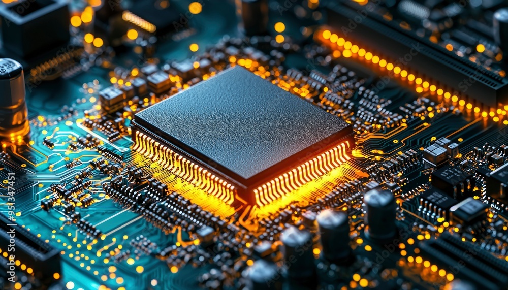 Poster close-up of a lit up microchip on a circuit board