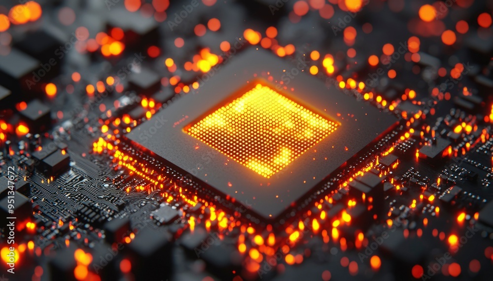 Poster glowing cpu chip on circuit board with sparks