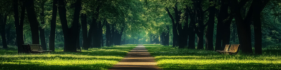 Obraz premium Serene forest pathway with benches ideal for relaxation and outdoor events in a tranquil park setting. Design for Wall Art, Poster Print, Wallpaper & Background