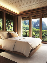 Fototapeta premium Luxury polynesian style bed room. Mountain forest view outside the window. Spacious cozy bed.