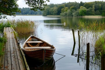 Obraz premium Boat on a wooden pier on the lake in the forest
