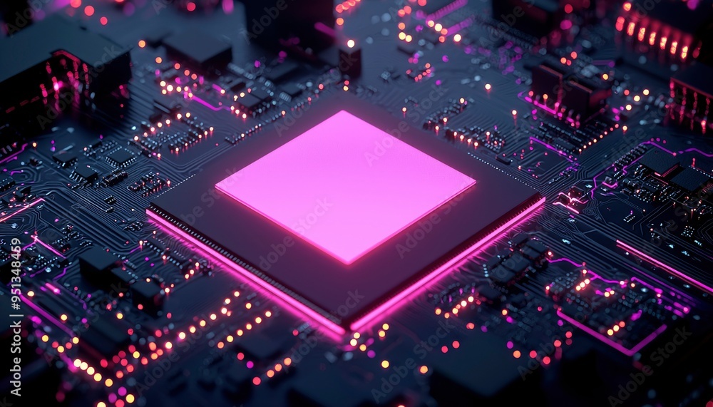 Poster close-up of a glowing pink processor on a circuit board