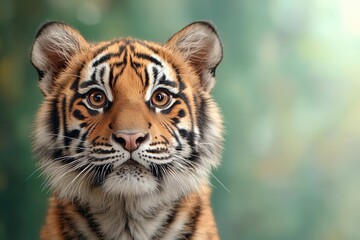 Fototapeta premium Endangered tiger in shrinking natural habitat with intense eye contact and blurred background for emphasis