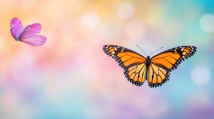 Obraz premium Monarch butterfly migration threatened by habitat loss captured in midflight with vibrant colors and a shallow depth of field