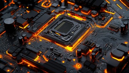 Fototapeta premium Glowing Orange Lines on Black Circuit Board