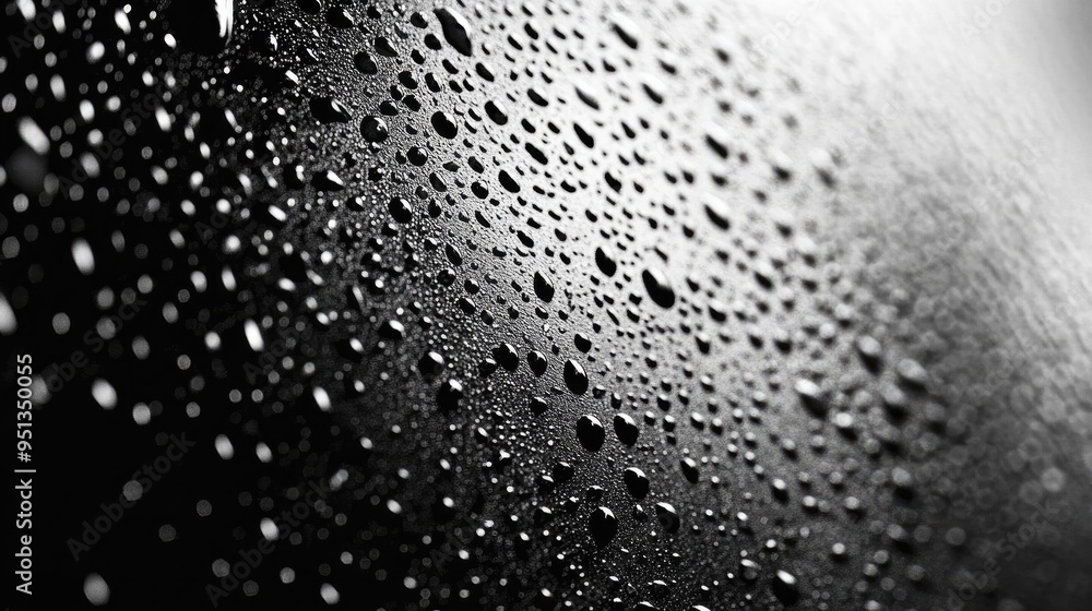 Poster a close-up of a dotted glass window with raindrops, creating a calming and reflective mood