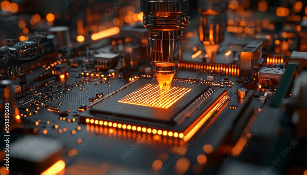Poster closeup of a glowing microprocessor on a circuit board