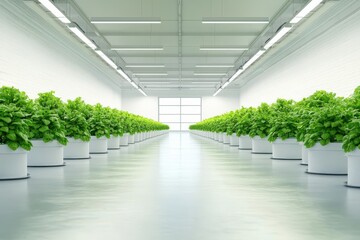 Vertical hydroponic farm inside repurposed warehouse  with bright, even lighting and a focus on the innovative technology