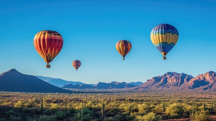 Fototapeta premium Stunning hot air balloons floating in the clear blue sky over Phoenix, Arizona, showcasing a breathtaking view of the desert landscape.